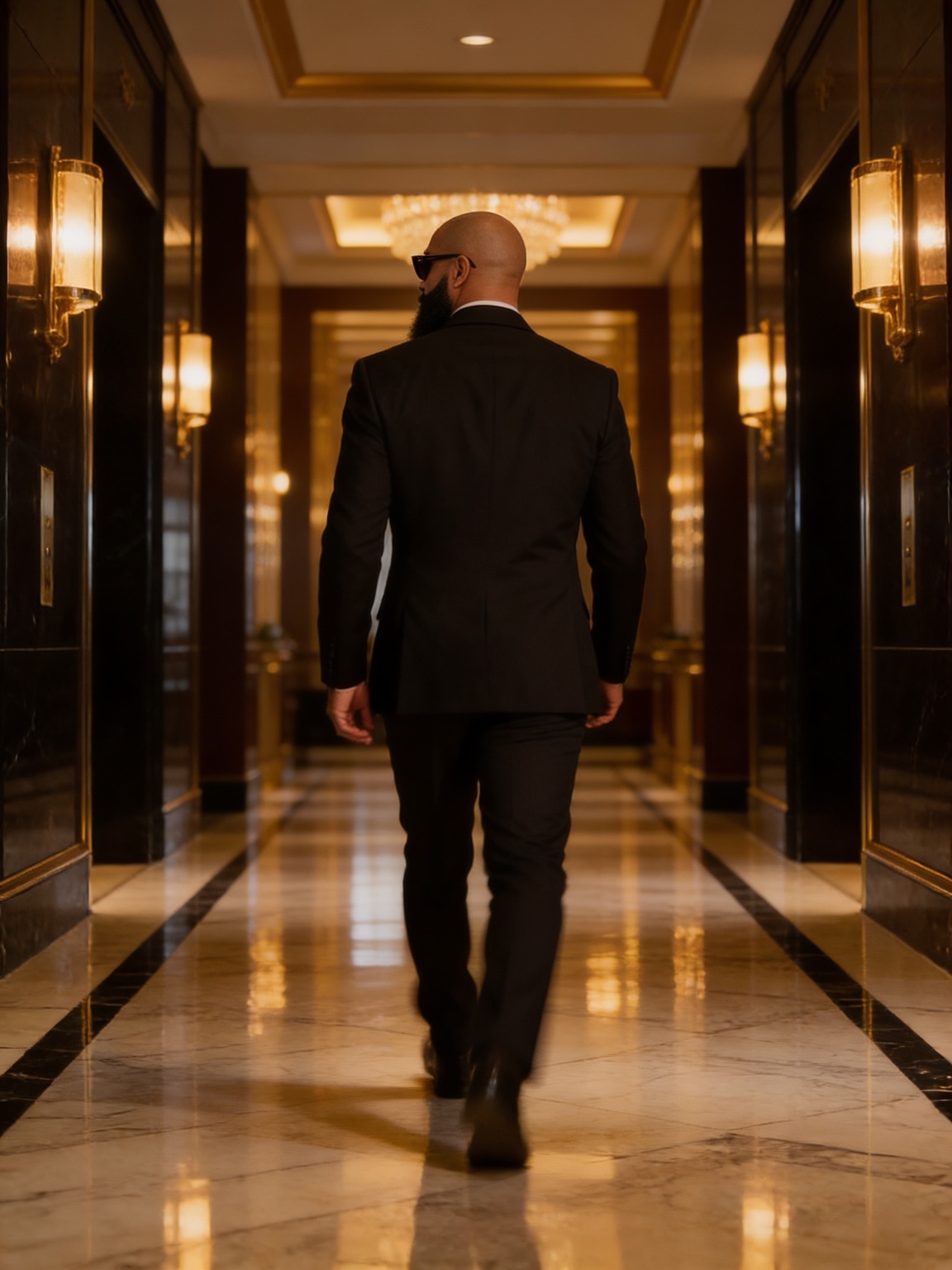 A man in a black suit entering a warmly lit grand hallway