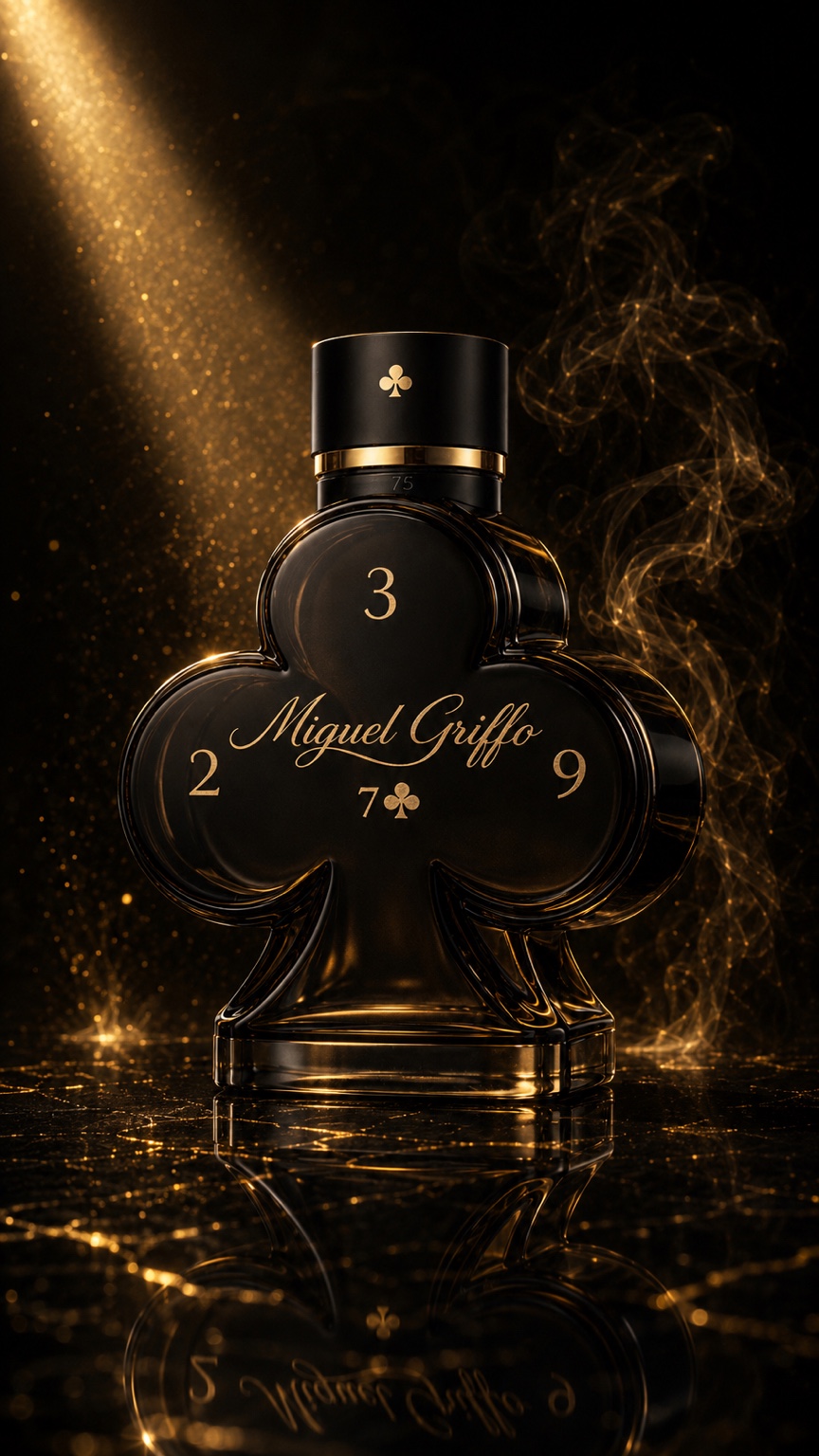 Miguel Griffo black and gold club-shaped fragrance bottle, engraved with 329 and 7♣