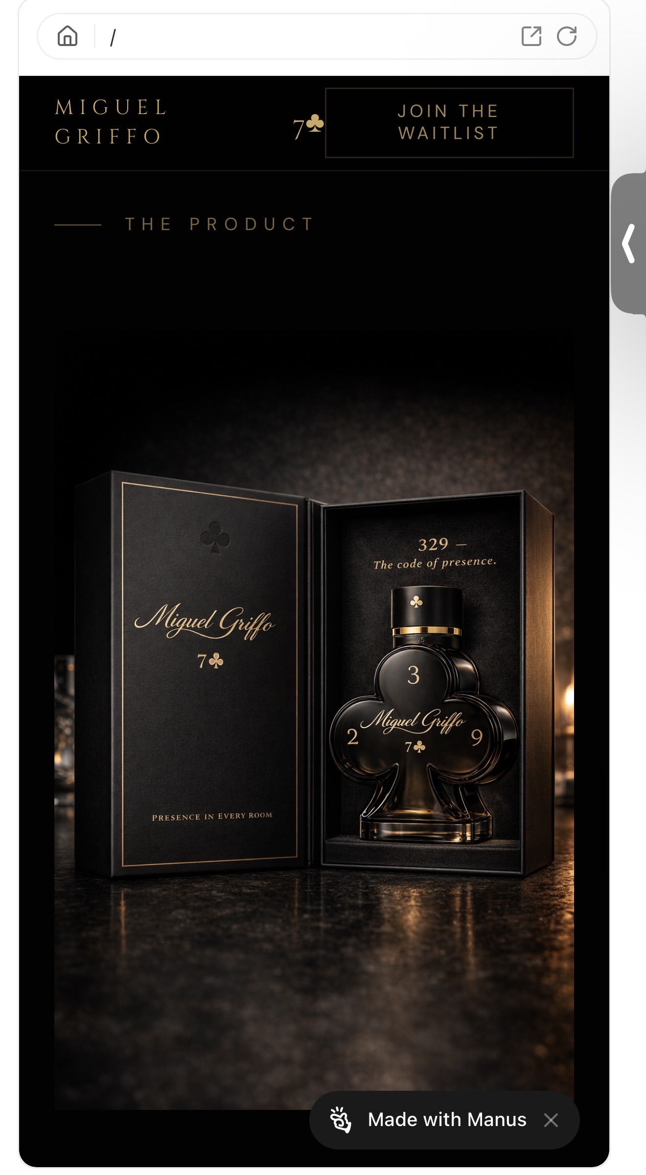 Miguel Griffo fragrance in its black and gold presentation box