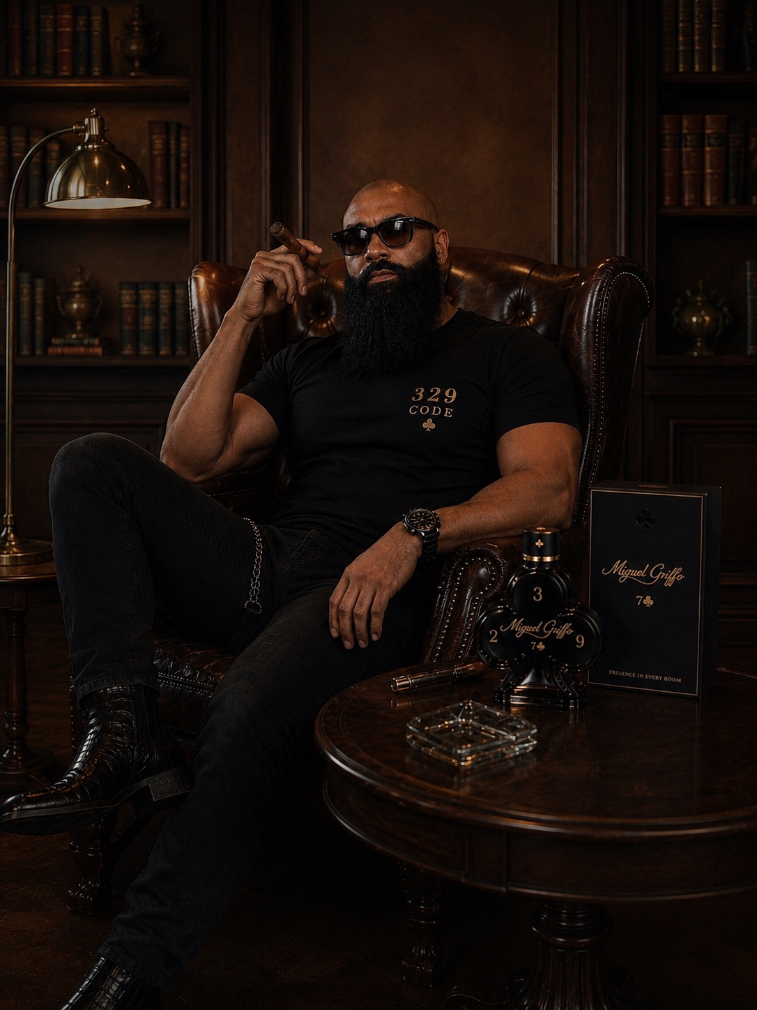 Miguel Griffo seated beside his signature fragrance